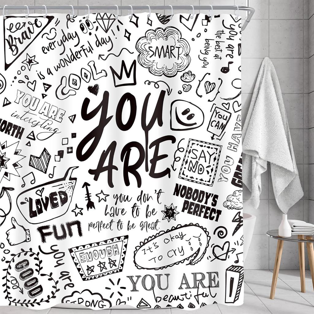 Kids Positive Quotes Shower Curtain Pink Neon Cute Funny Abstract Graffiti Girls Girly Teens You are Artwork Cloth  Waterproof