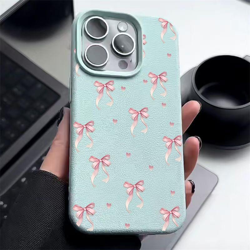 Pink Bow Pattern Leather Texture TPU Case For iPhone 16E 16 15 14 13 Pro Max 12 15 Pro 11 Shockproof Soft Silicone Phone Cover