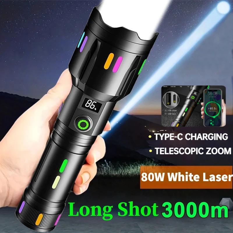 Super Bright White Laser Flashlight TYPE-C Rechargeable with Battery Display Torch Zoomable 5 Lighting Modes Outdoor Camping