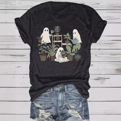 Summer Women's Halloween Ghost Flower Print Round Neck T-Shirt, Casual Fashion, Short Sleeve
