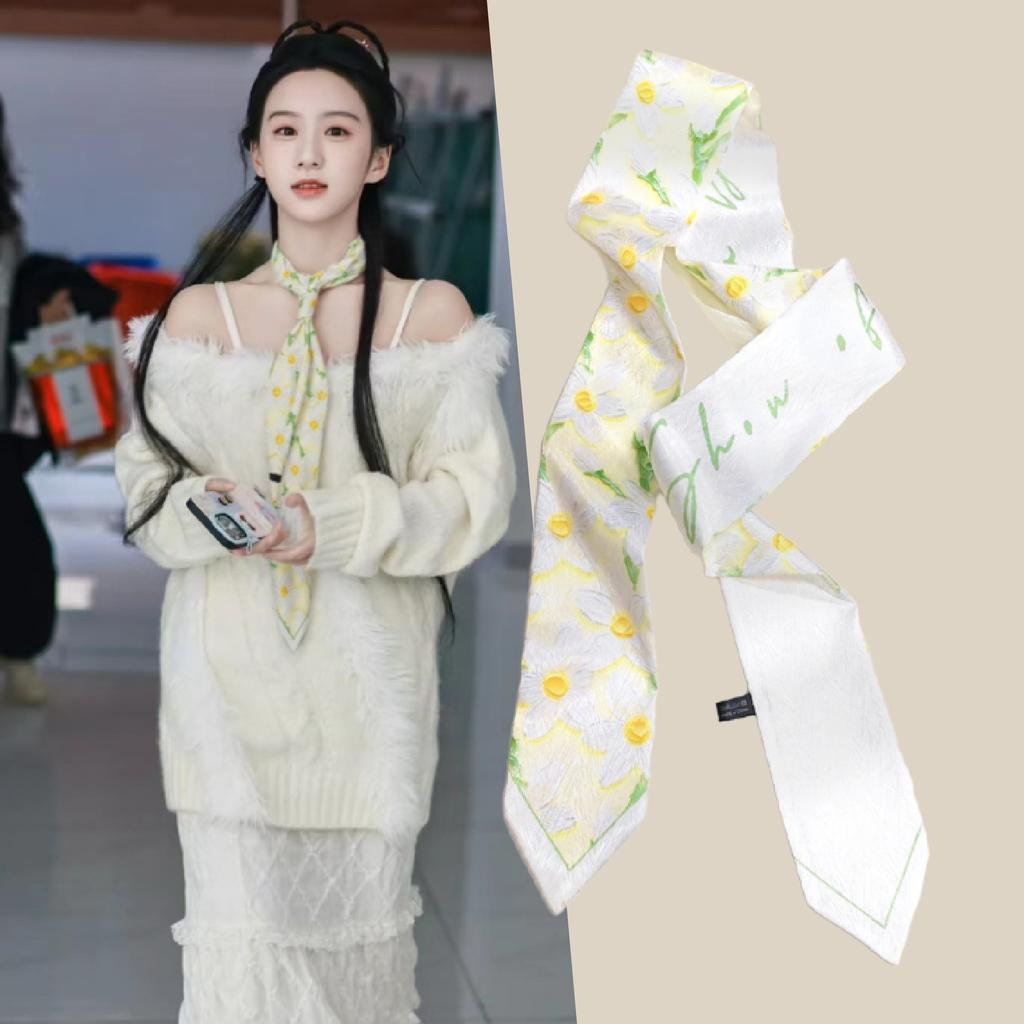 French green small long narrow silk scarf women's spring and autumn pointed corner tied bag ribbon braided hair band headgear scarf streamer belt