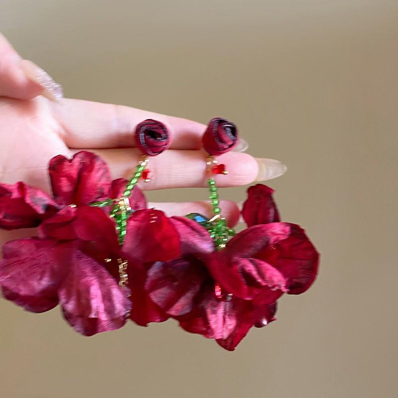 Silver Needle Chiffon Flower Tassel Earrings, Sweet Mori Style, Dopamine Trend, Versatile Women’s Earrings