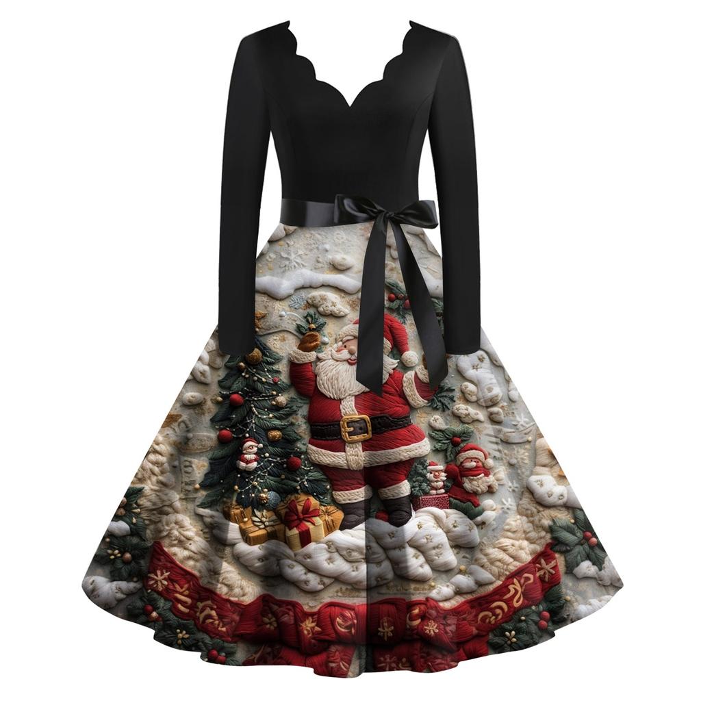 Women's Casual Fashion Christmas Printed V-Neck Vintage Dress