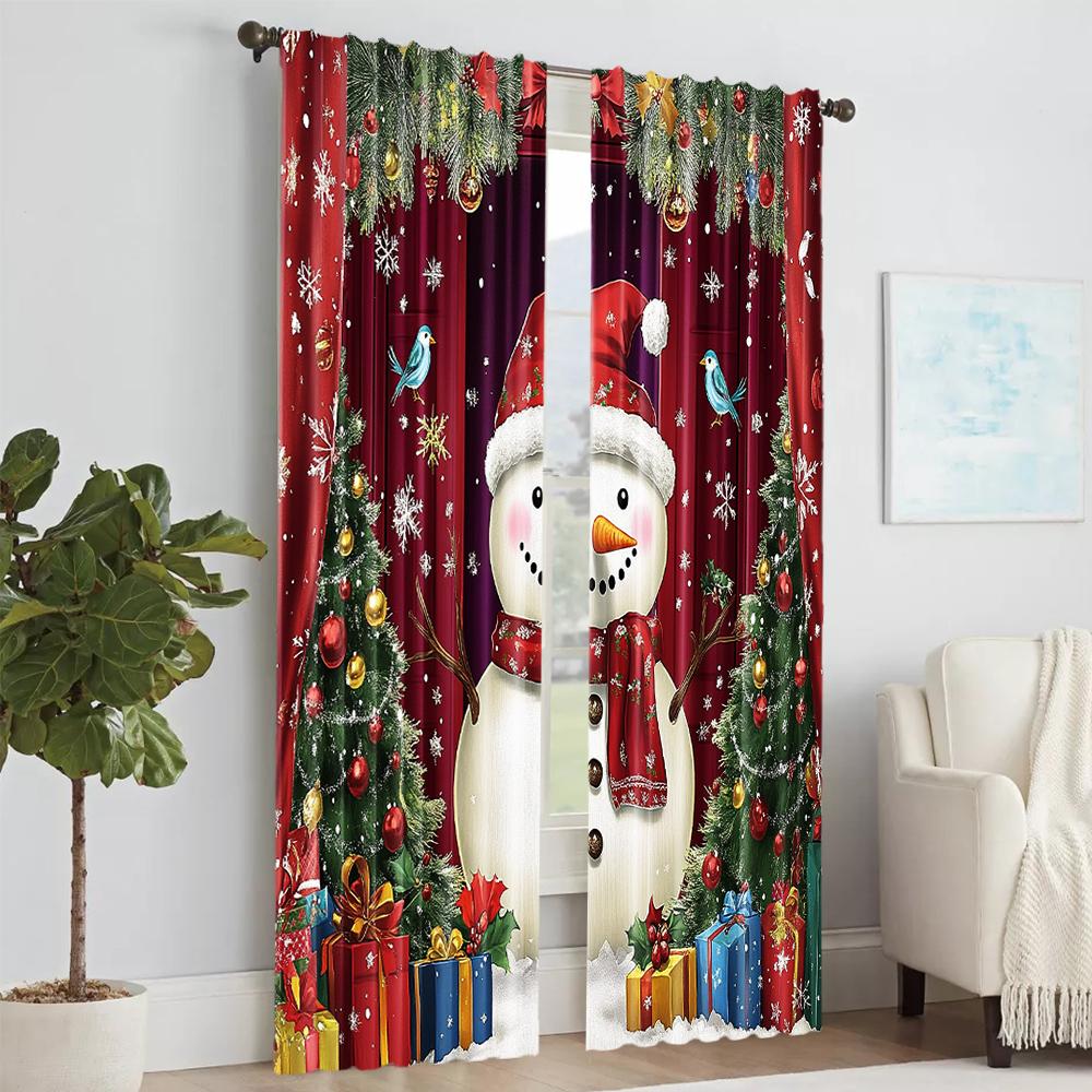 2 stuks Kerst Raamgordijn Sneeuwpop Kerstboom Designs Met Sneeuwvlokken Tunnelzak Polyester Materiaal Voor Woonkamer Keuken