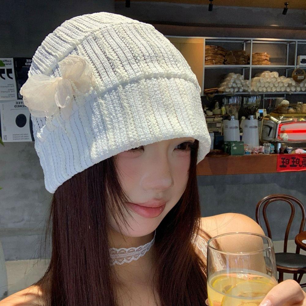 Sweet Beanies Hat Breathable Knitted Hat Retro Flower Pullover Hat  Outdoor