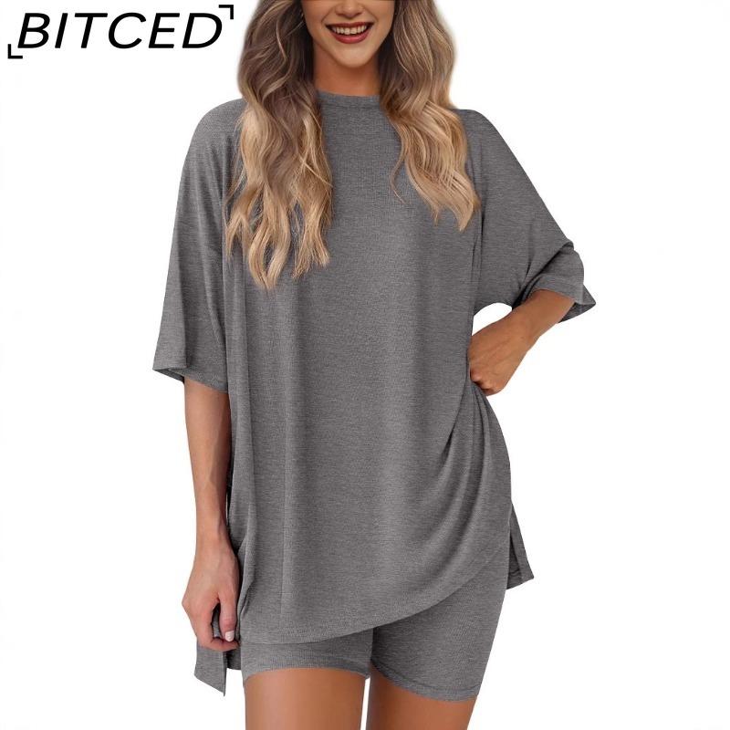 BITCED Women's Spring/Summer Loose-Fit Fashion Solid-Colour Casual Short-Sleeved Top and Shorts Two-Piece Set