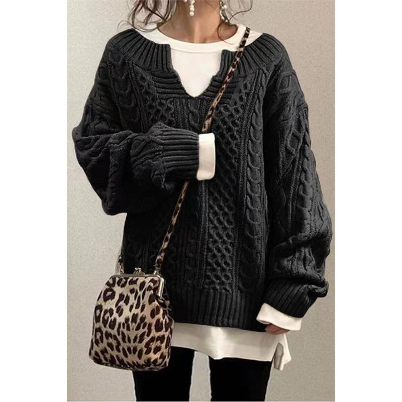 Women's Chunky V Neck Sweater Long Sleeve Loose Cable Ribbed Knit Pullover Jumper Tops