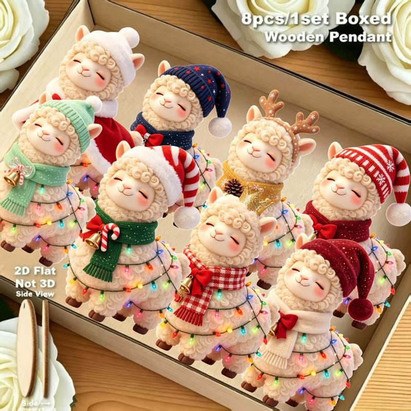 8Pcs 2D Flat Christmas Alpaca Hanging Ornaments With Cute Festive Outfits Colorful String Lights For Christmas Tree Holiday