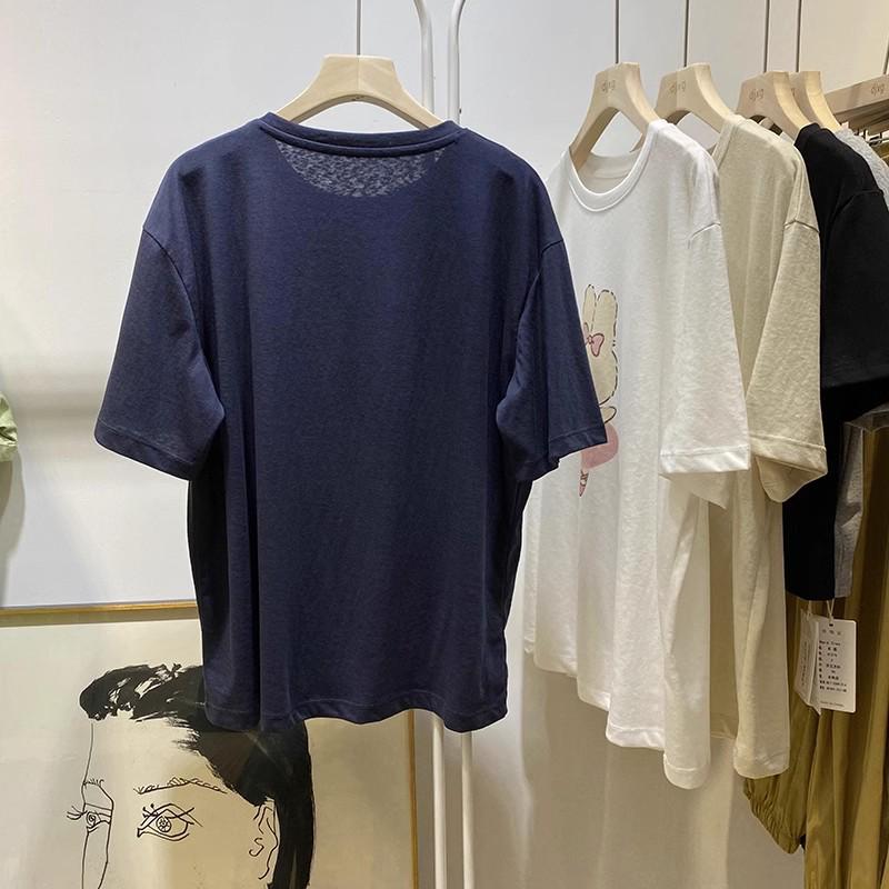 Camiseta de Algodão Feminina de Verão com Estampa de Coelho de Desenho Animado: Solto, Confortável, Manga Curta, Comprimento Médio