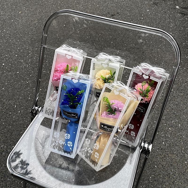 Artificial Carnation Floral Gift Box - Delicate Flower Arrangement In The Clear Plastic Box with Ribbon Decoration