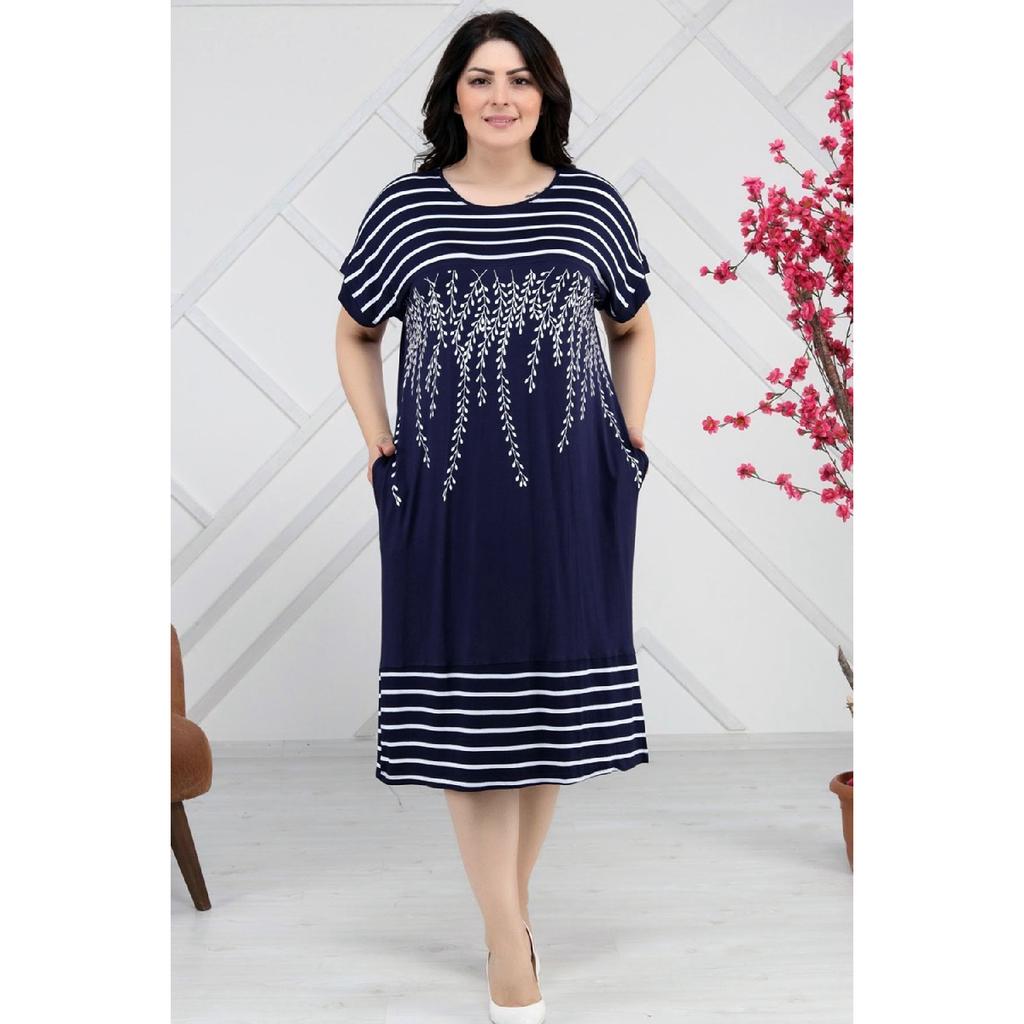 Round Collar Olive Branches With Striped Block Short Sleeve Comfortable Dress