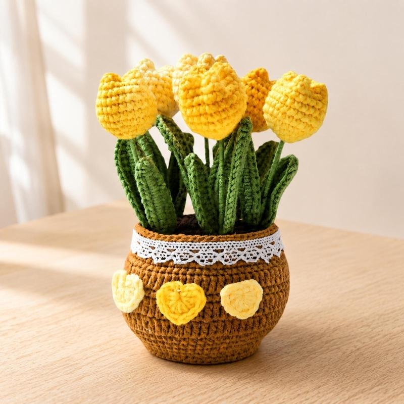 Potted Crochet Tulips Decors with Handcrafted Yarn Texture, Handmade Knitted Potted Flower for Tabletop Display, Gift for Women