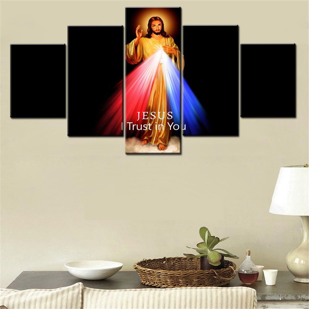 

5 Pieces Canvas Wall Arts Poster Painting Black Dark Jesus I Trust In You Wallpaper Home Decor Picture Printing For Living Room 20X35 20X45 20X55CM