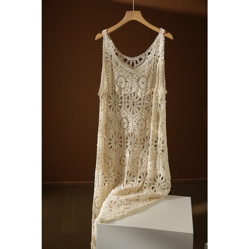 DIMANAF 2024 New Dress Women Knitting Lace Long Hollow Out Sexy Vest O-Neck Hollow Summer Style Tops Tees Loose Basic Black