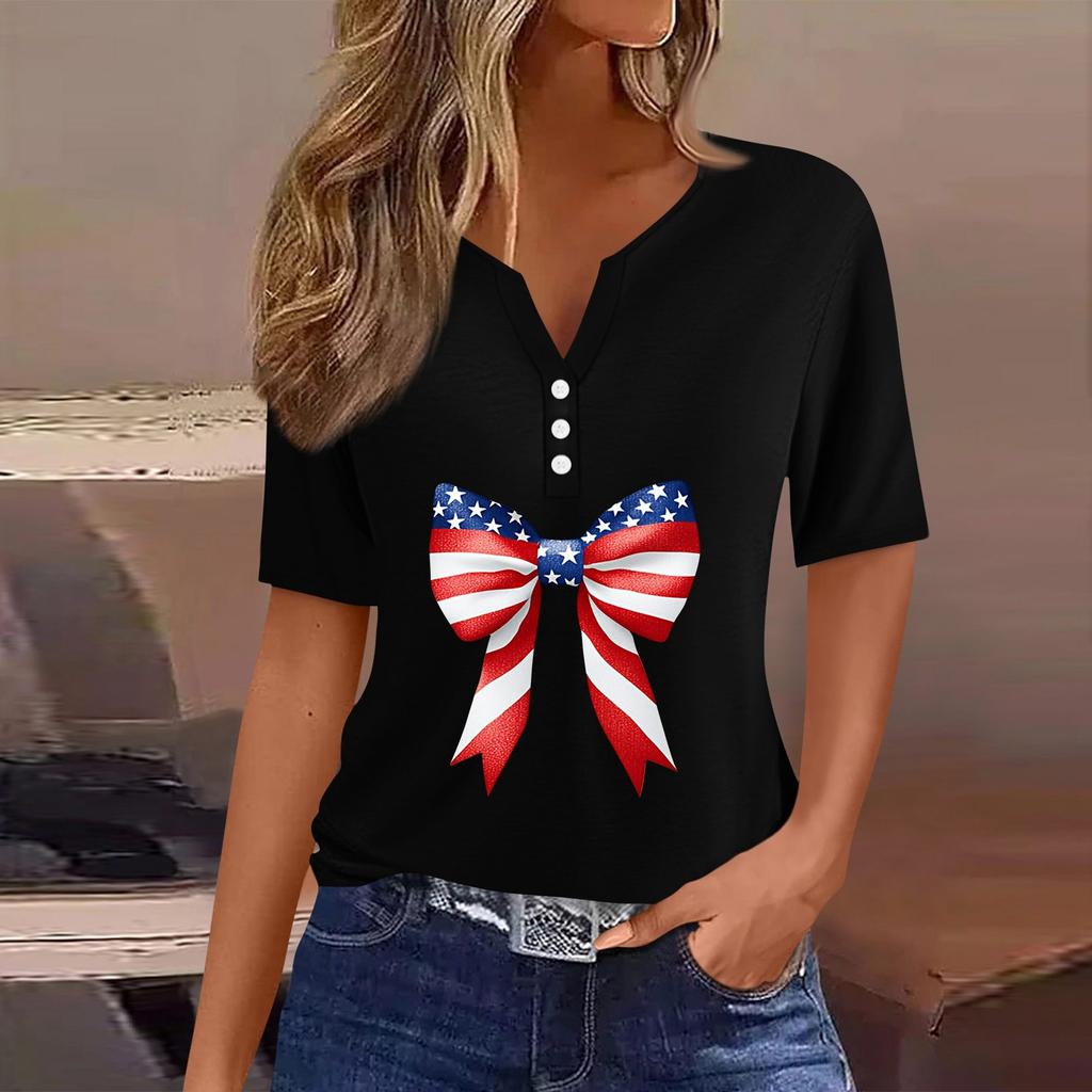 Women's T Shirt Tee Independence Day Print Button Short Sleeve Daily Weekend Fashion Basic V-Neck Regular Top