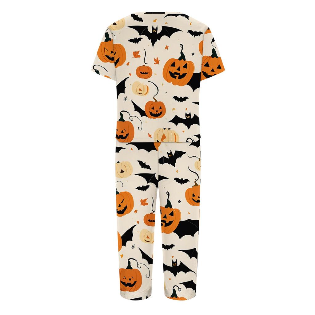 Conjuntos de 2 piezas para mujer Top de manga corta y pantalones con bolsillos Conjuntos suaves de entrenamiento con estampado de Halloween