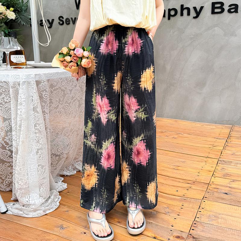 Pantaloni de pijama din bumbac mătase pentru femei, secțiune subțire de vară, anti-țânțari, pantaloni cu picior lat, culoare uni, pentru exterior, casă, petrecere a timpului liber, imprimeu, pantaloni de plajă până la genunchi