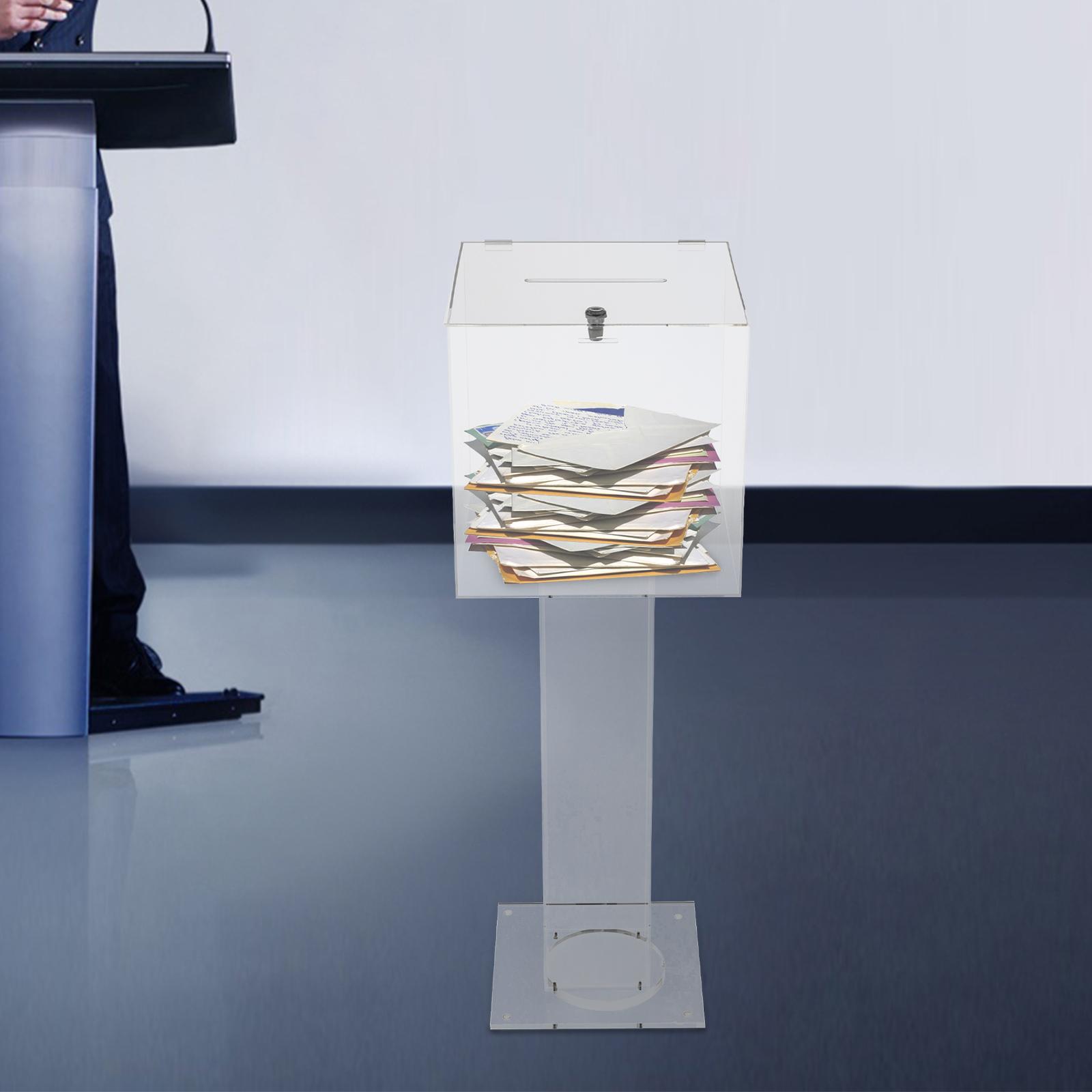 Modern Clear Acrylic Donation Box with Lock 12x12x34.2in, Free-Standing Suggestion Ballot Box for Restaurants, Hotels & Events