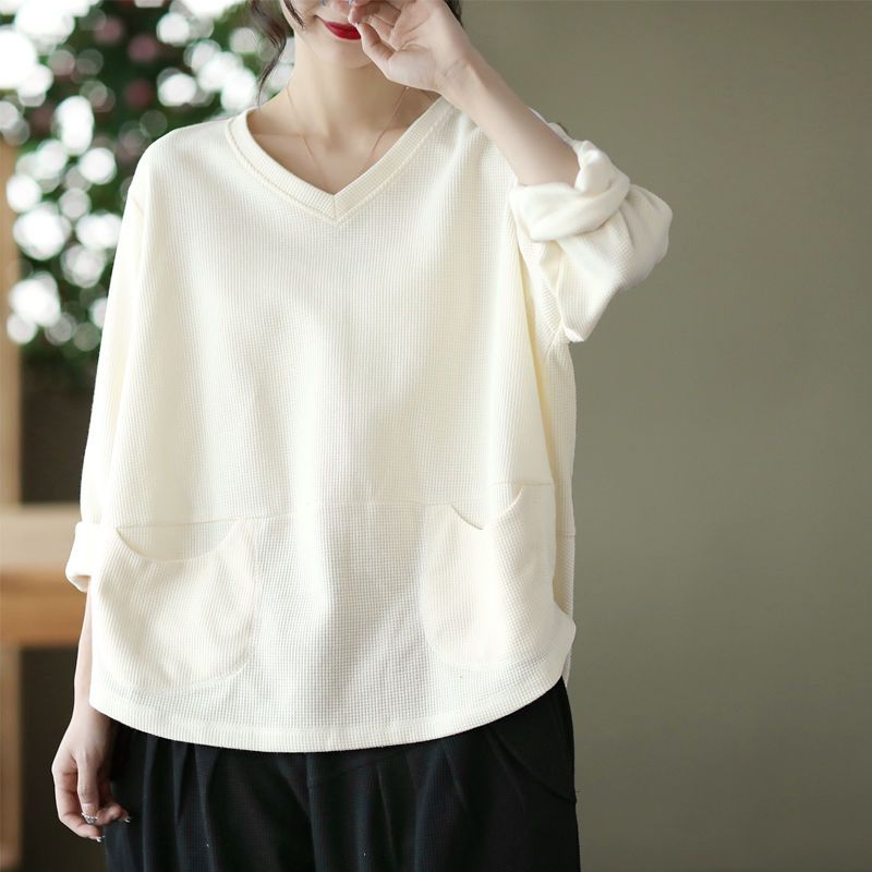 

Литературная мода вафельный повседневный свитер весенний свободный V-образный вырез с длинными рукавами пуловер футболка XXXL белый