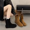 New Boots Retro Wide Tube Leather Thick Heel Medium Tube Western Knight Short Boots Women's Autumn and Winter Martin Boots Fashion Boots