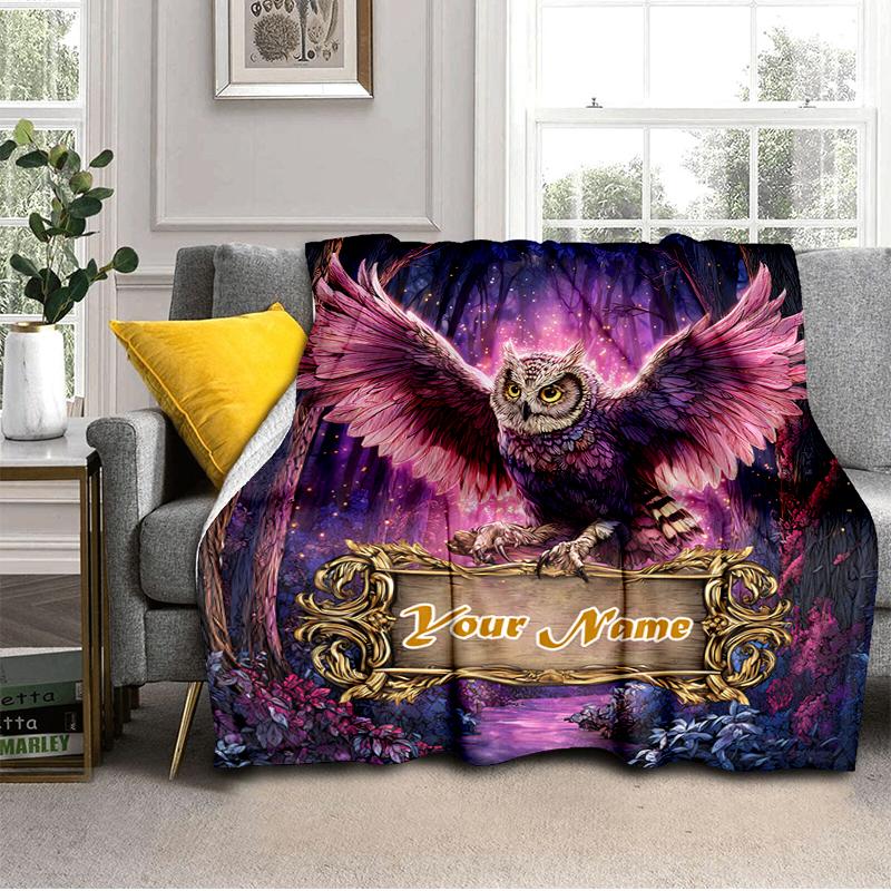 1PC Custom Name Forest Owl Flannel blankets Patterns Throw Blanket All-Season Soft Gift for Couch, Bed, Camping gifts