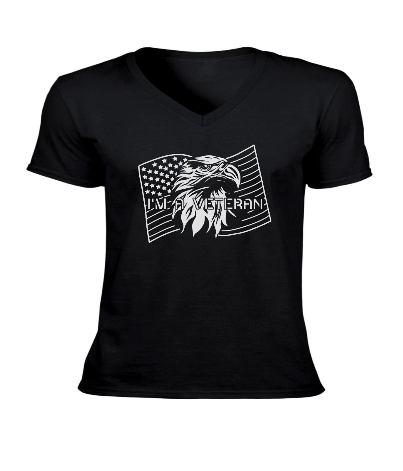 Eagle With American Flag I Am A Veteran Men Women Unisex V-Neck Top Tee T-Shirt XL