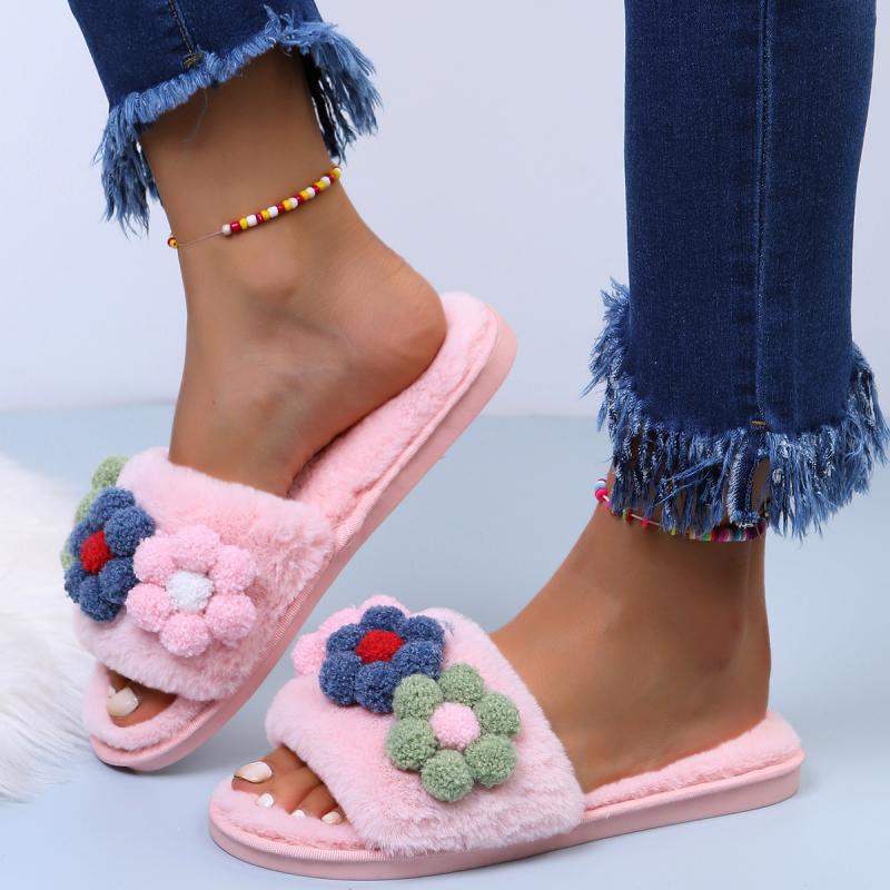 Fashion Fashion Flower Short Plush Cotton Slippers Women 2025 Autumn Round Toe Soft Thick Bottom Slides Sexy Faux Fur Outdoor Slippers