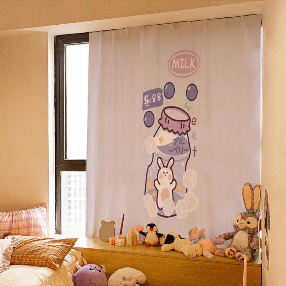 Kawaii Ins Curtain Fabric Punch-free Short Curtain Cartoon Curtains Self-adhesive Wall Cloth for Window Shading