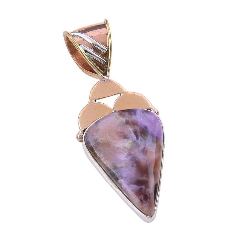 Natural Charoite Gemstone 925 Solid Sterling Silver Two Tone Pendant 1.75" E2W29
