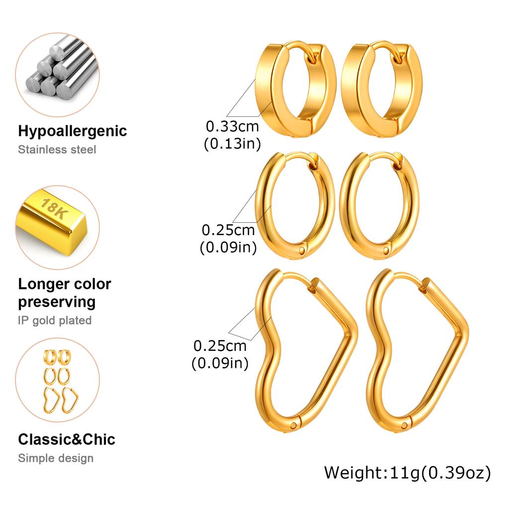 3 Pairs Heart-shaped Hoop Earrings for Women,Gold Plated Stainless Steel Geometric Earrings,High Polished Party Jewelry Gifts