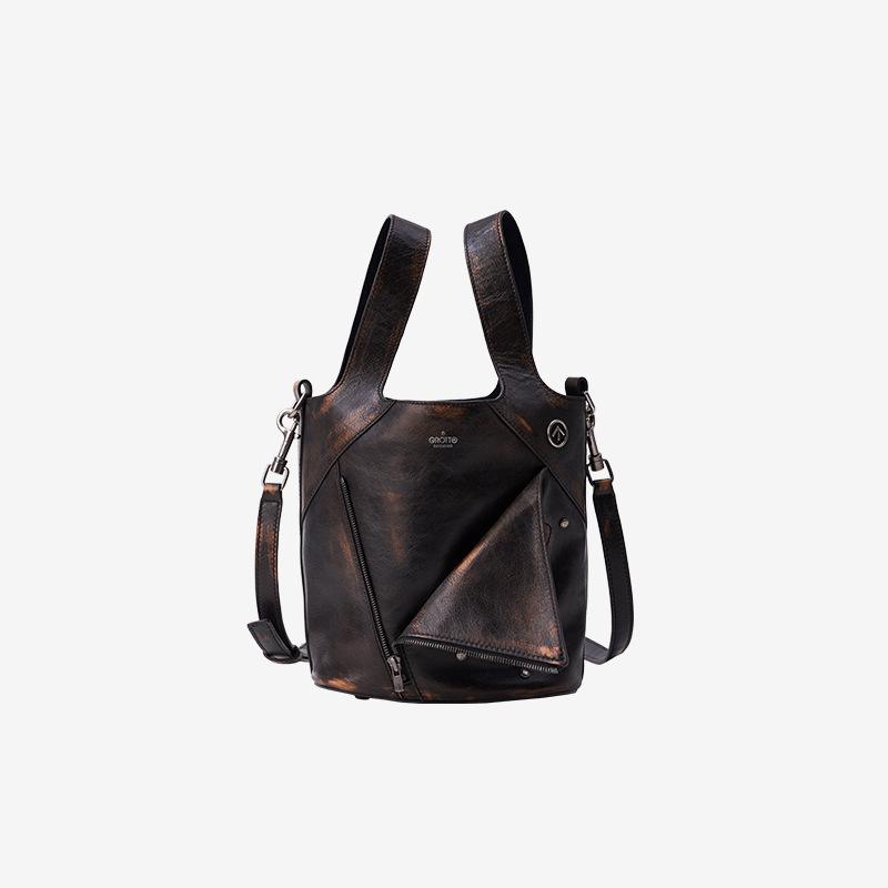 Vegetable-tanned Leather Lapel Vegetable Basket, Large-capacity Single-shoulder Crossbody Handbag