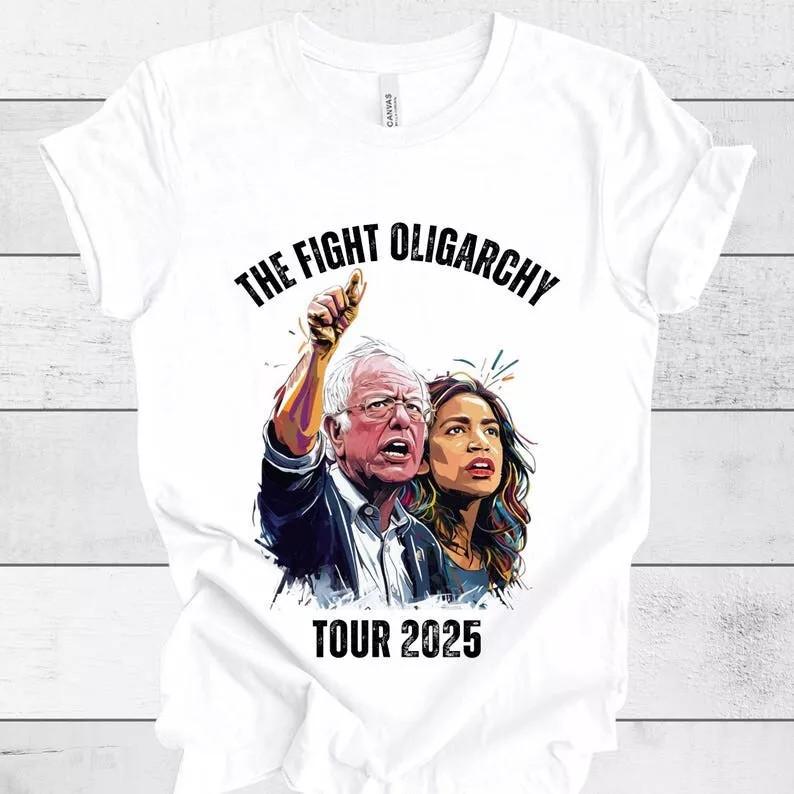 The Fight Oligarchy Tour 2025 Bernie and AOC T Shirt Full Size S-5XL Unisex T-Shirt M
