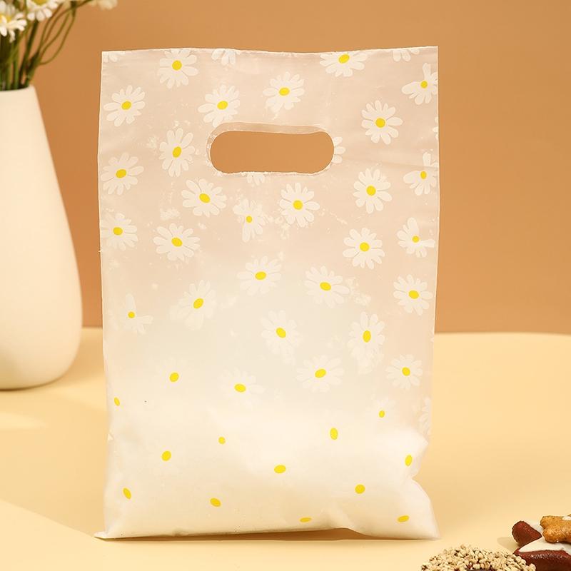 100Pcs/Pack Daisy Pattern Gift Bags With Plastic Handle, Plastic Gift Bags, Perfect for Mother's Day, Parties, Holidays