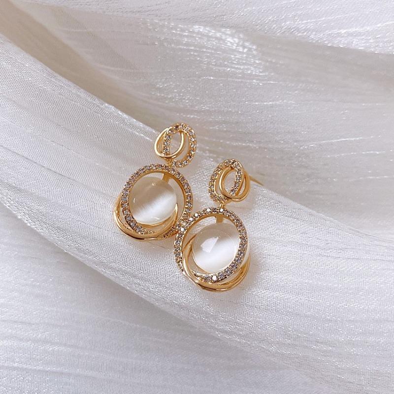 French style Gold Color Earrings With Oval  Square Cat's - Eye Stones Sparkling  Dangle Earrings Women's Banquet Jewelry