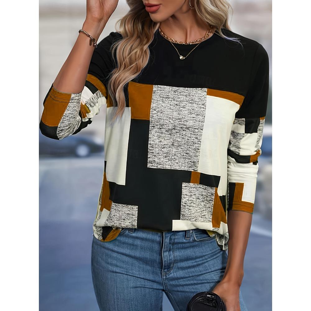 

Fashionable Color Blocked Full Body Printed Casual Long Sleeved T-shirt XL