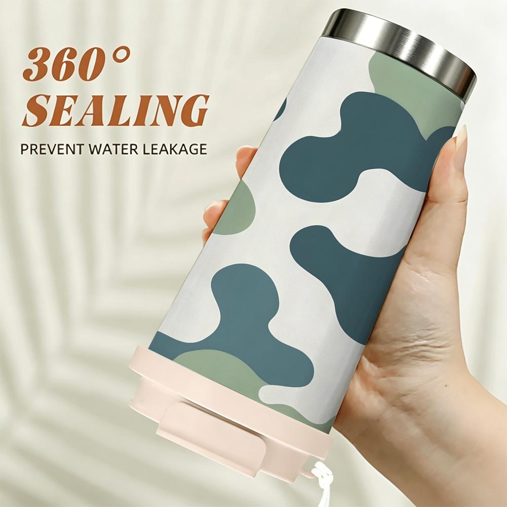 Abstract Blue and Green Camouflage Pattern Insulated Coffee Tumbler Vacuum Thermal Cup for Hot Cold Drinks Office Commute Outdoor