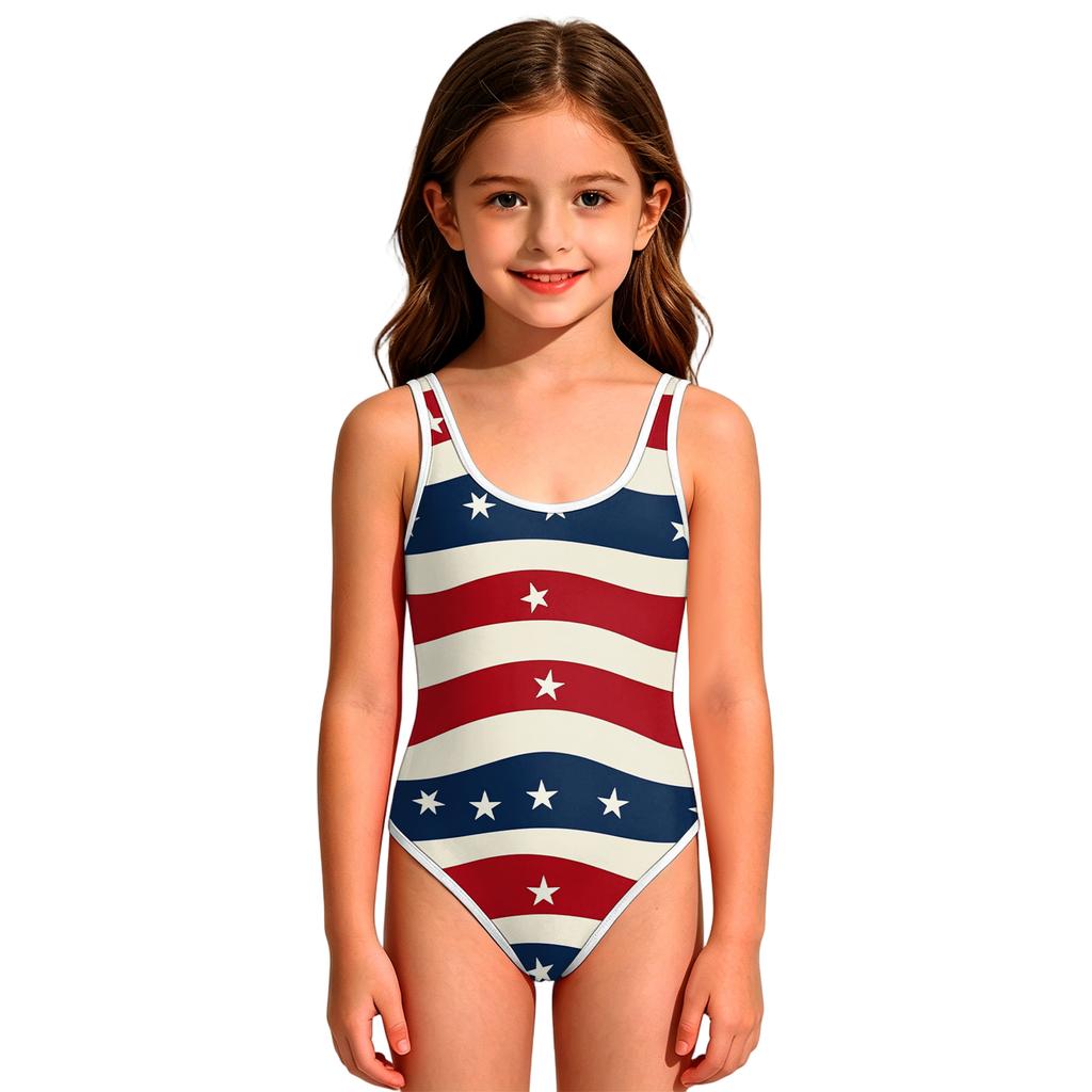 Girls One Piece Swimsuit Independence Day Pattern Round Neck Sleeveless Swimwear Suitable for Summer Beach Pool Activities