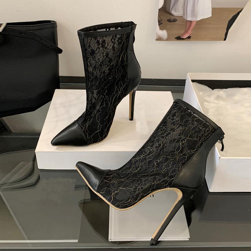 Fashion Liyke Sexy Spitz Zehen Reißverschluss Mesh Stiefeletten Damen Schwarz Hohe Absätze Party Stripper Schuhe Stiletto Chelsea Stiefeletten Zapatos Mujer