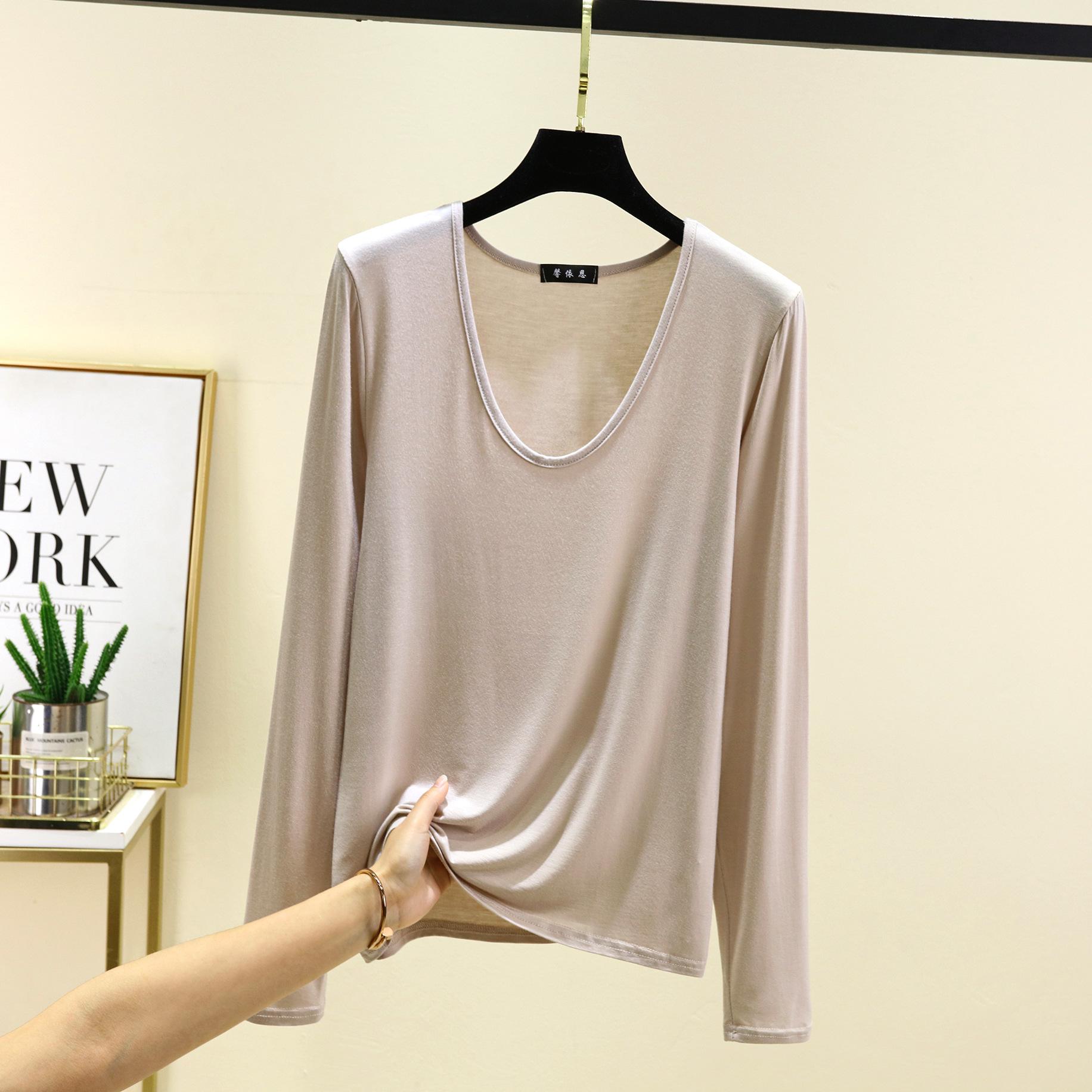 

Большие размеры от M до 6XL U-образный вырез Женская футболка Длинные рукава Свободные футболки однотонные повседневные футболки Топы Все подходят 6XL бежевый