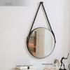 Round HD Wall-Mounted Vanity Mirror with Adjustable Leather Strap for Bathroom/Bedroom