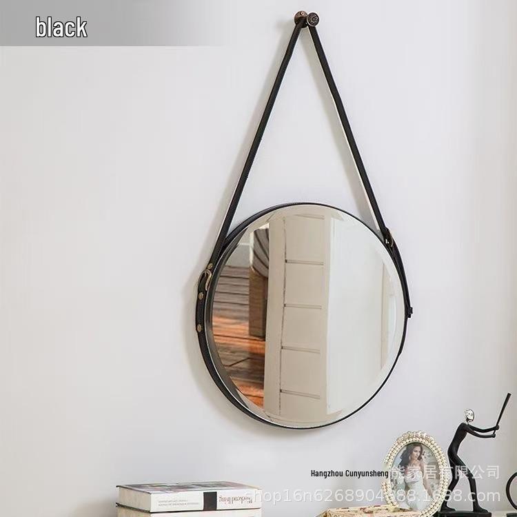 Round HD Wall-Mounted Vanity Mirror with Adjustable Leather Strap for Bathroom/Bedroom