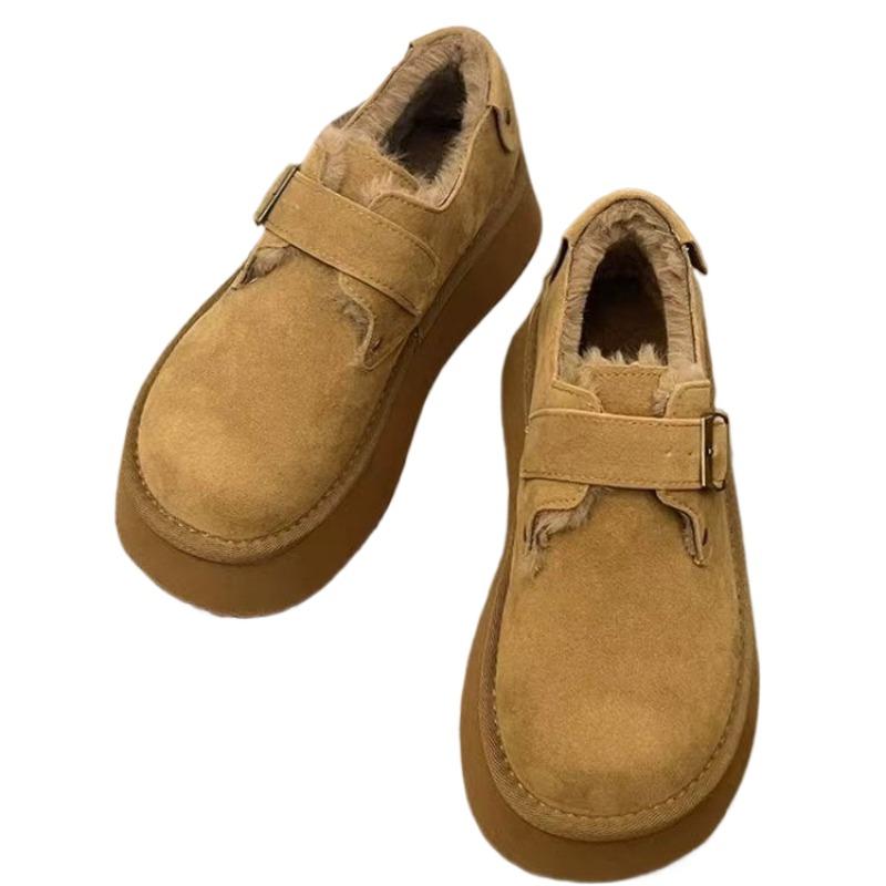 Semsket pels Plattform Dame Ankel Snøstøvler Flats Loafers Merke Plysj Varm Bomull Mellomhæler Sko Trend Mote Koselige Sko Botas Mujer