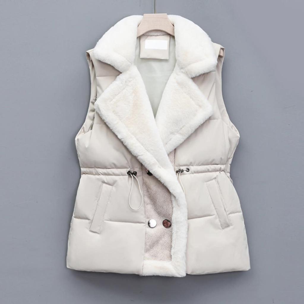 Winter Cotton Fur Integrated Down Vest Womens Puffer Vest Stand Collar Button Down Padded Jacket with Drawstring Waistcoat