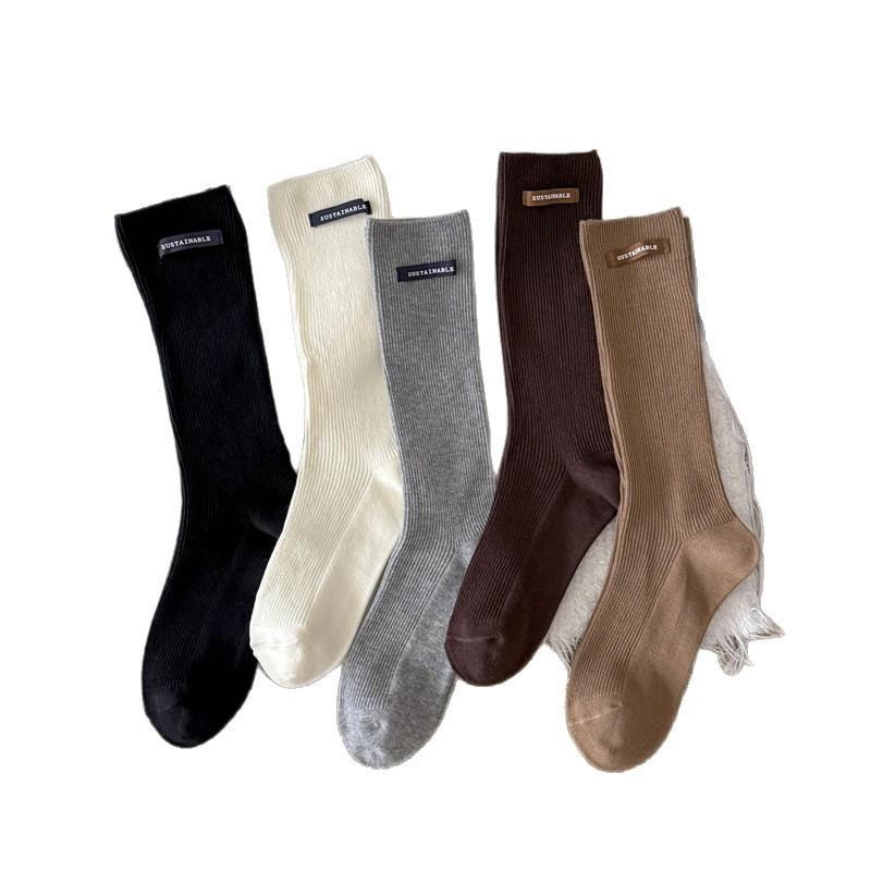 High-End Calf Socks Season Letter Label Double Needle Long Tube Stacking Socks Solid Color Versatile Fashion Trendy Socks
