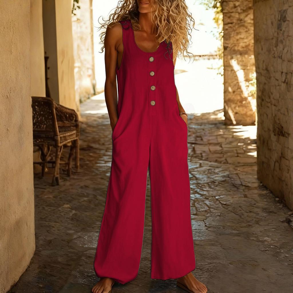 Casual Sleeveless Loose-fitting Jumpsuit With Pockets And Adjustable Straps For Women (long Length).