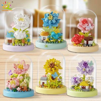 HUIQIBAO MOC Flower Display Box Micro Building Block DIY Mini Flower Mini Diamond Model Brick Toy for Children Desk Decoration