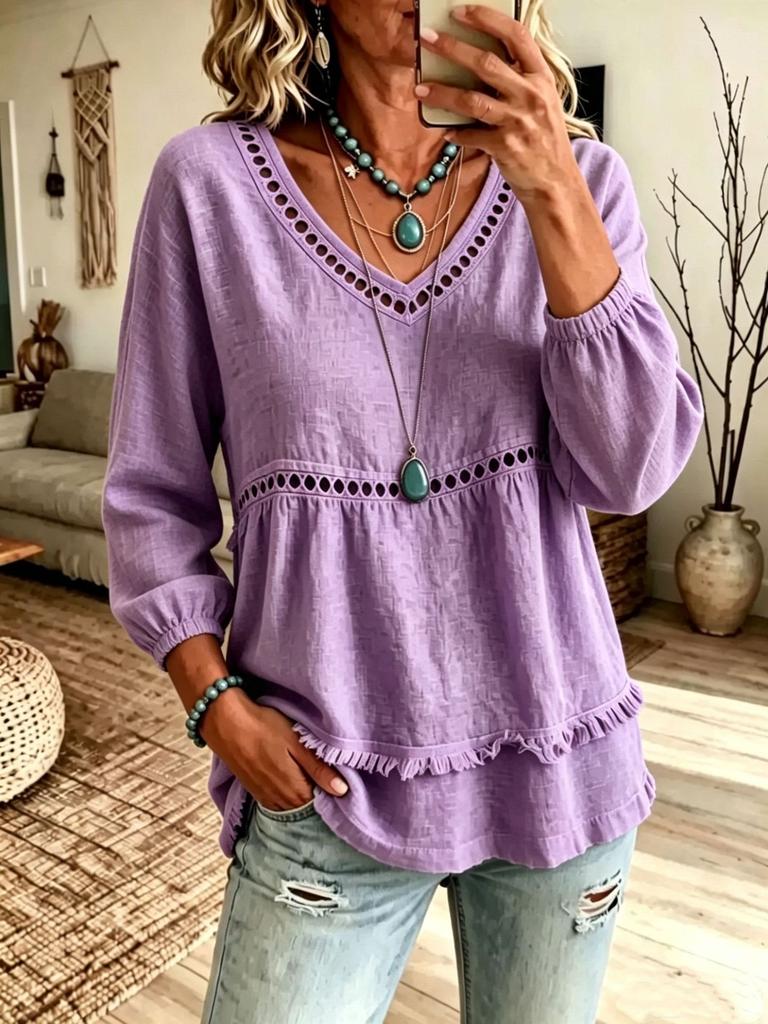 Women's Casual Color Long Sleeve Comfortable Loose Fit Top for Everyday Wear