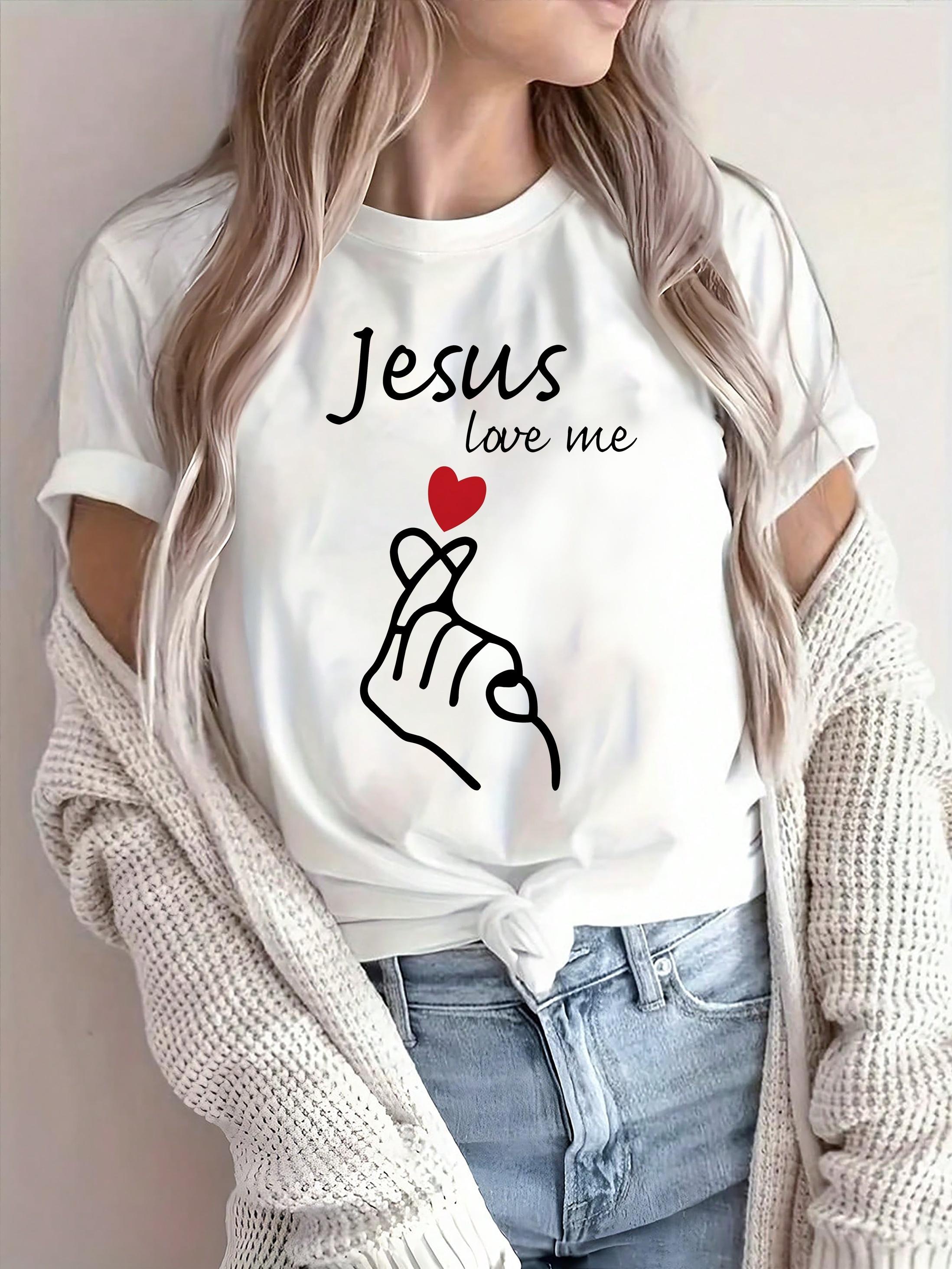 

Вдохновляющая графическая футболка Иисус любит меня , дышащая, эластичная, из полиэстера, с круглым вырезом, с коротким рукавом, повседневный топ для женщин 4XL