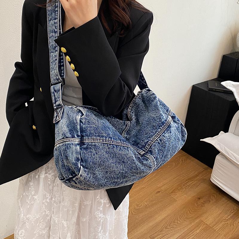 Damen-Umhängetasche mit Farbblock-Muster, Denim-Umhängetasche, große Kapazität, Unterarmtasche