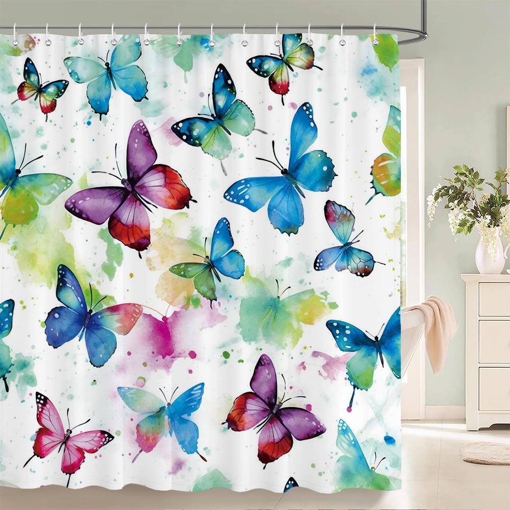 Beautiful Butterfly Shower Curtains Waterproof Fabric Floral Bath Curtains For Bathroom Bathtub Bathing Cover With Hooks